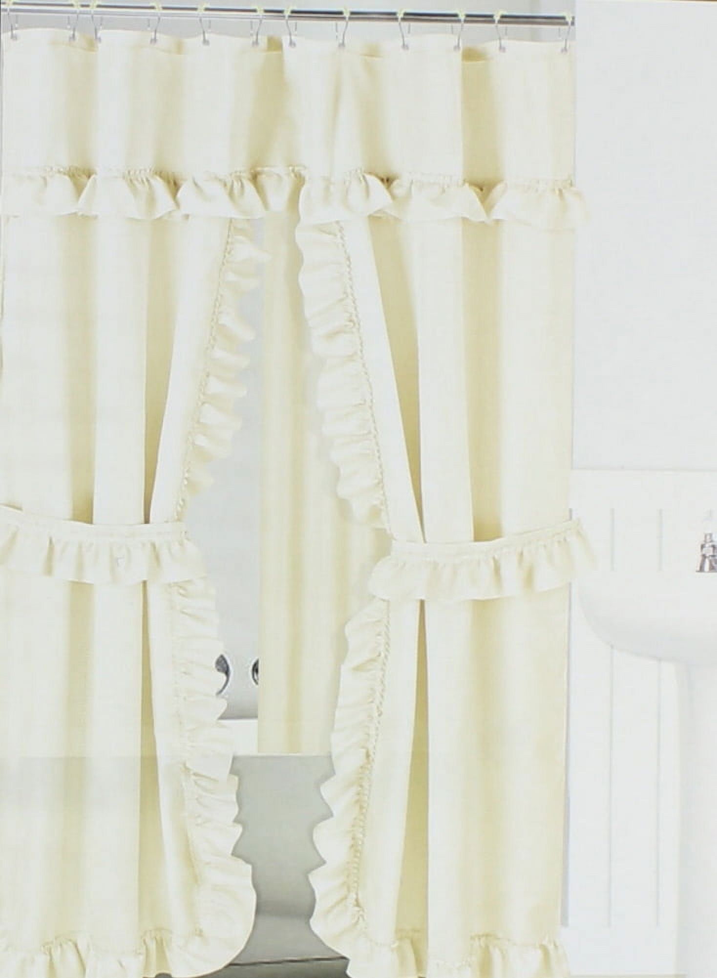 Ivory Ruffled Double Swag Shower Curtain with Liner, 72" x 70"