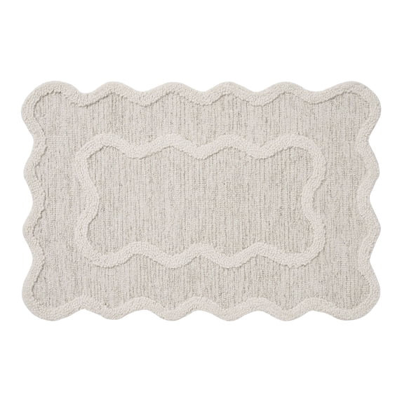 Ivory Scallop Wool Indoor Area Rug, Soft & Absorbent Tufted Bath Mat, for Living Room, Bedroom, Entryway, 16"x24"