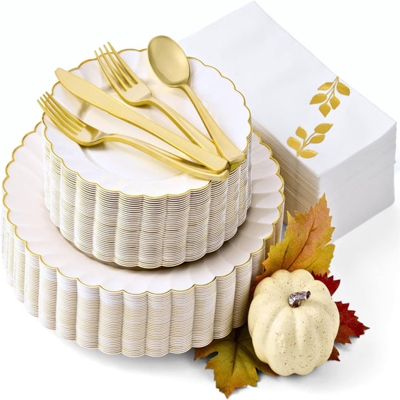Ivory Scalloped Plates with Gold Trim Disposable Dinnerware Set for Fall, Friendsgiving Holidays