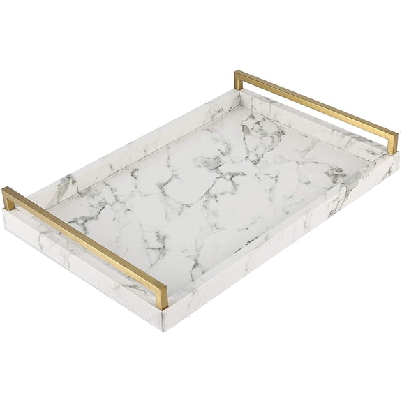 Ivory Shagreen Leather Serving Tray with Gold Handles  Wooden Ottoman Tray for Coffee Table, Kitchen, Dining, and Home Decor