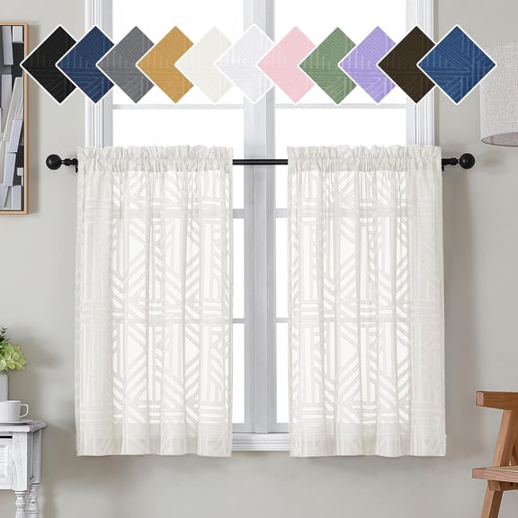 Ivory Sheer Kitchen Curtains 36 Inch Length Tier Curtains 2 Panels, Light Filtering Geometric Jacquard Clip Textured Semi Sheer Short Window Curtains for Bathroom, 42x36 inch