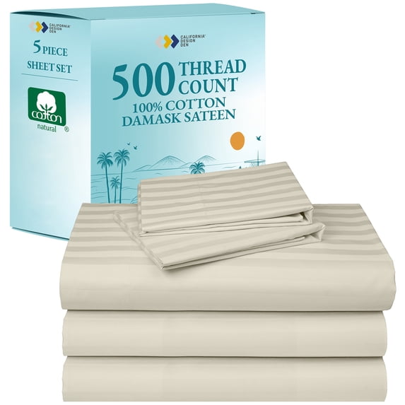 Ivory Sheets Split King Size - 500 Thread Count 100% Real Cotton, Stripe 5 Piece Bedsheet Set, Damask Sateen Weave, Elasticized Deep Pocket for Snug Fit