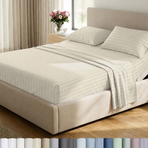 Ivory Sheets Split King Size - 500 Thread Count 100% Real Cotton, Stripe 5 Piece Bedsheet Set, Damask Sateen Weave, Elasticized Deep Pocket for Snug Fit