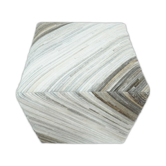 Ivory, Silver and Brown Square Leather Pouf Ottoman, Striped Footstool, Side table, Seat , Foot Rest
