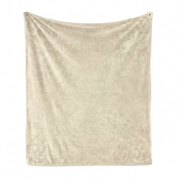 Ivory Soft Flannel Fleece Throw Blanket, Classic Victorian Style Monochrome Damask Background with Swirl Floral Effects Print, Cozy Plush for Indoor and Outdoor Use, 50" x 60", Cream, by Ambesonne