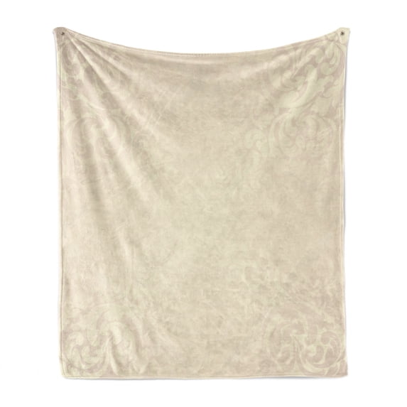 Ivory Soft Flannel Fleece Throw Blanket, Classic Victorian Style Monochrome Damask Background with Swirl Floral Effects Print, Cozy Plush for Indoor and Outdoor Use, 50" x 70", Cream, by Ambesonne