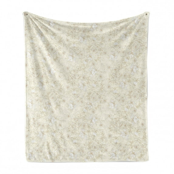 Ivory Soft Flannel Fleece Throw Blanket, Floral Arrangement Branches Botanical Garden Beauty Petal Graphic Artwork Print, Cozy Plush for Indoor and Outdoor Use, 50" x 60", Cream White, by Ambesonne
