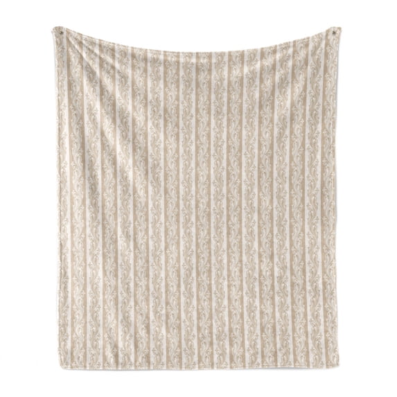 Ivory Soft Flannel Fleece Throw Blanket, Victorian Swirls in Striped Pattern Baroque Style Renaissance Inspirations Image, Cozy Plush for Indoor and Outdoor Use, 70" x 90", Cream Tan, by Ambesonne