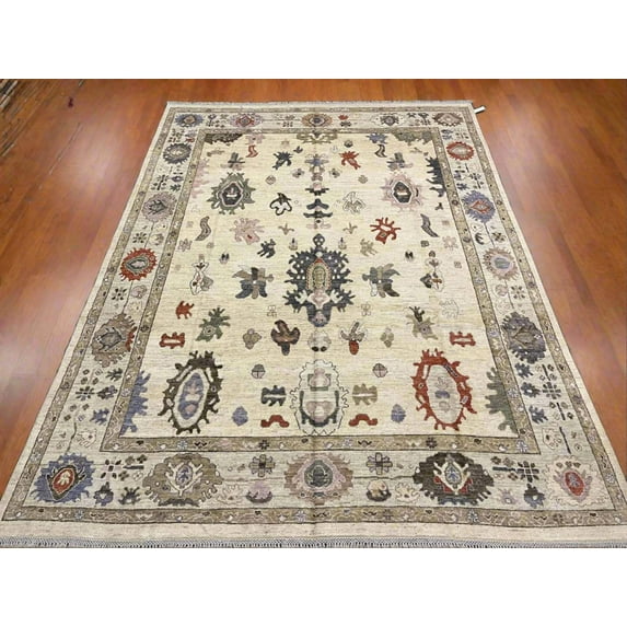 Ivory/Soft Green Oushak 9X12 Handmade Wool Rug # 11881
