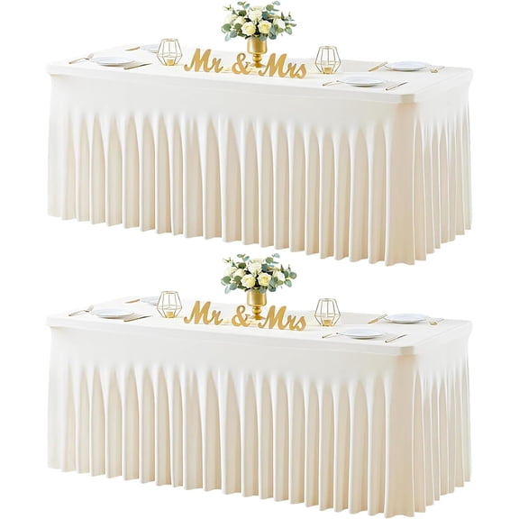 Ivory Table Cloth for 6 Foot Rectangle Tables Fitted Stretch Spandex Table Cover with Skirt 6ft Baby Shower Birthday Party Banquet Ruffle Cream Tablecloth Wedding Table Cloths Desk Skirt, 2 Pack