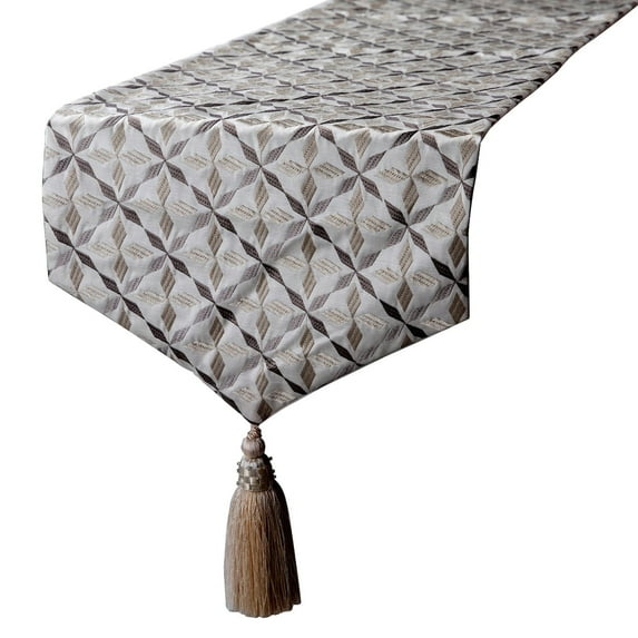 Ivory Table Runner, Luxury Fabric with Pattern Embroidery & Tassels Ivory Linen 14 x 120 inch extra long, Wedding Decor Table Linen Modern Table Runner - Adore