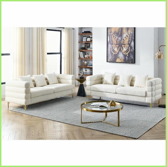 Ivory Teddy Fabric 3-Seater Sofa - Modern Streamline Design with Gold Metal Legs for Living Room
