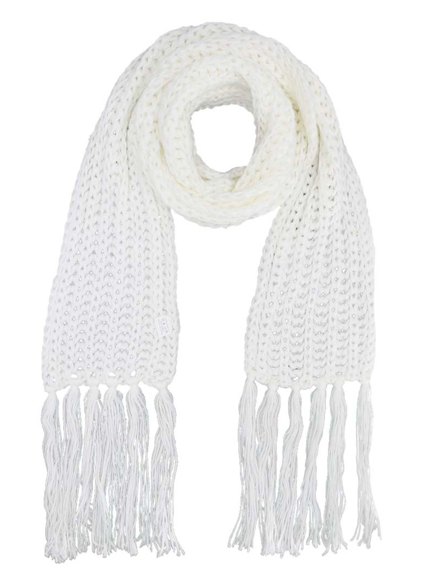 Womens Long Chunky Knit Winter Fringe Scarf in Sandstone and Cream