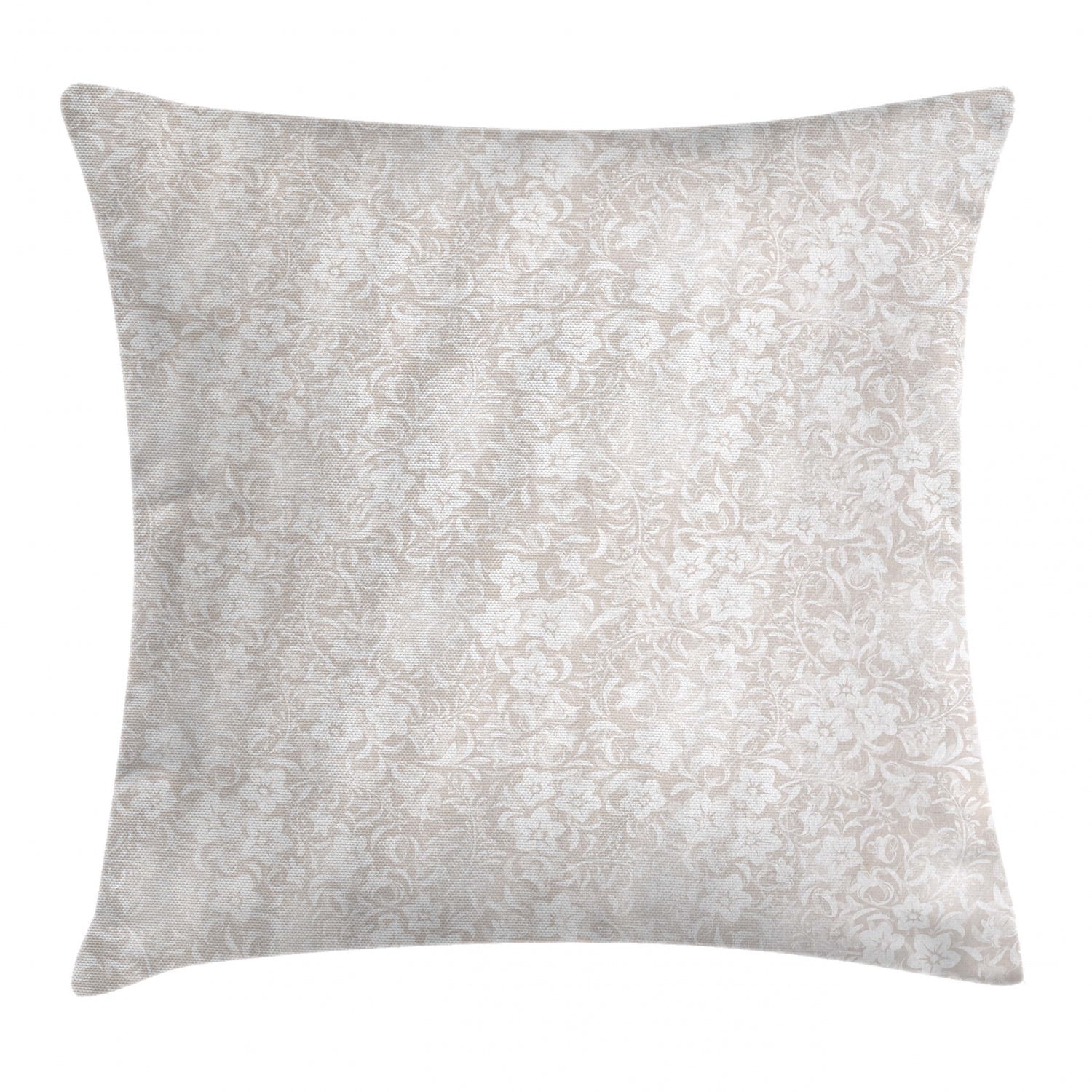 Beige and White Floral Polyester Square Throw Pillow