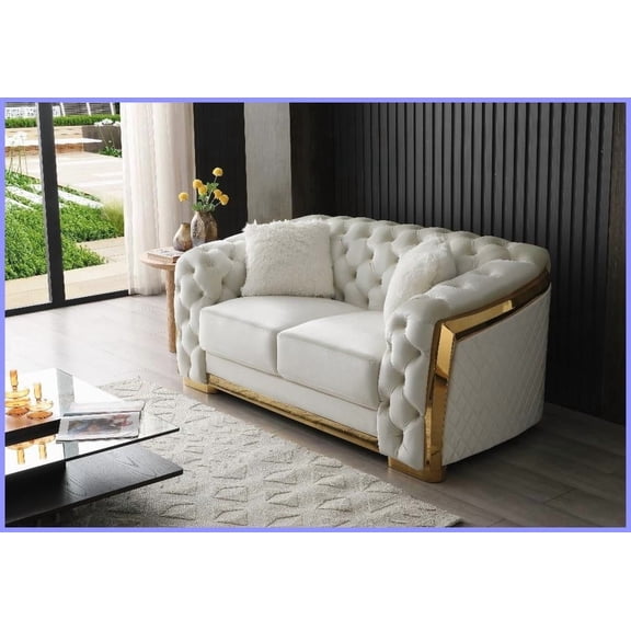 Ivory Tufted Loveseat with Faux Fur Pillows - 71"W Modern Sofa for Living Room, Diamond Quilted Design
