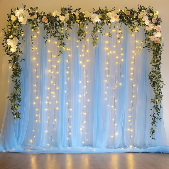 Ivory Tulle Backdrop Curtains with String Lights Sheer Wedding Party Birthday Baby Shower Photo Shoot Decorations 2 Panels 5x8FT