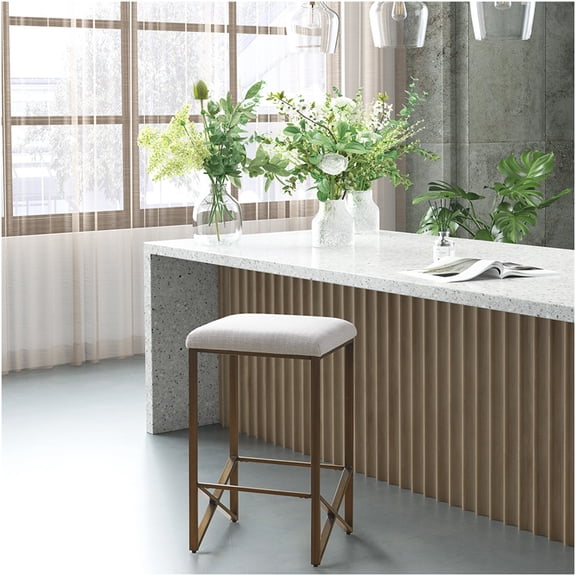Ivory Upholstered Counter Stool with Bronze Metal Base, 26 Inch Height Backless Stool for Kitchen Island, Modern Minimalist Design with Padded Seat