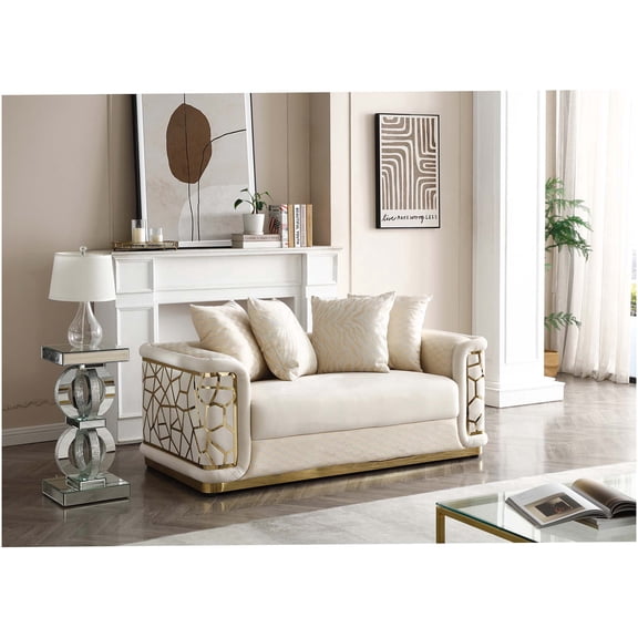 Ivory Upholstered Loveseat Sofa with Brass Trim and Patterned Fabric for Modern Living Room