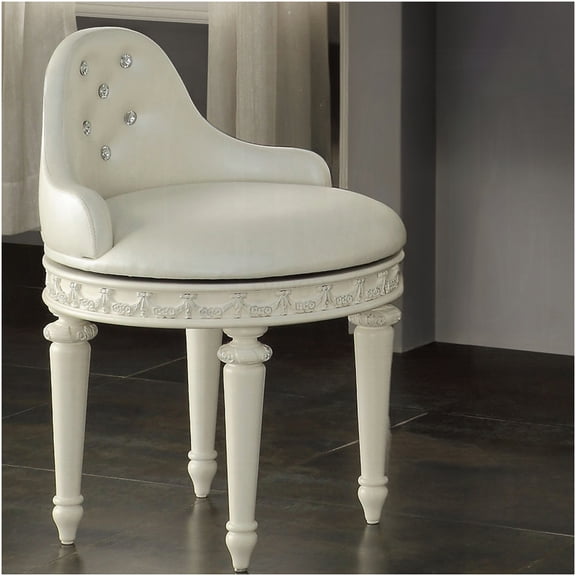 Ivory Upholstered Vanity Chair with Swivel Base and Tufted Back, Faux Leather Accent Chair for Bedroom or Dressing Room
