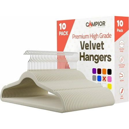 Ivory Velvet Hangers 10 Pack – Heavy-Duty 10 lbs Capacity, 360° Swivel Hook, Non-Slip & Space-Saving Design – Smooth Velvet Finish for Crease-Free Clothes & Effortless Closet Organization