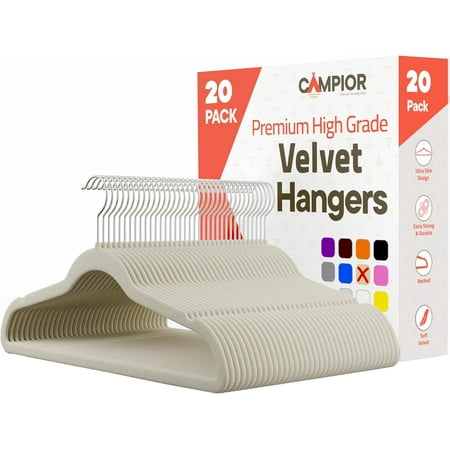 Ivory Velvet Hangers 20 Pack – Heavy-Duty 10 lbs Capacity, 360° Swivel Hook, Non-Slip & Space-Saving Design – Smooth Velvet Finish for Crease-Free Clothes & Effortless Closet Organization
