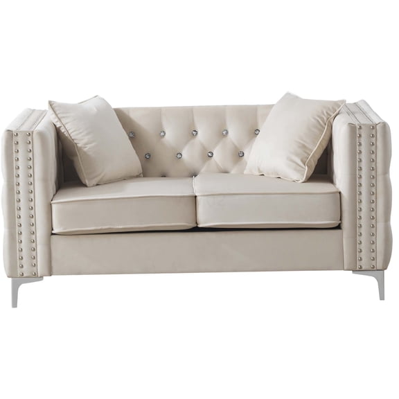 Ivory Velvet Loveseat Sofa with Diamond Tufted Back and Foam Cushions