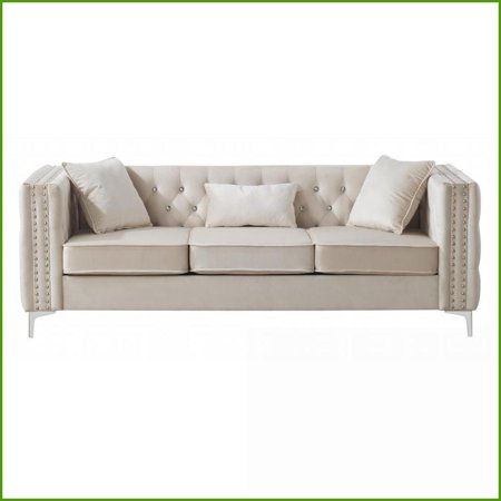 Ivory Velvet Tufted Modern Sofa – 86” Wide 3-Seat Living Room Couch | Ivory | Velvet | Square Arms