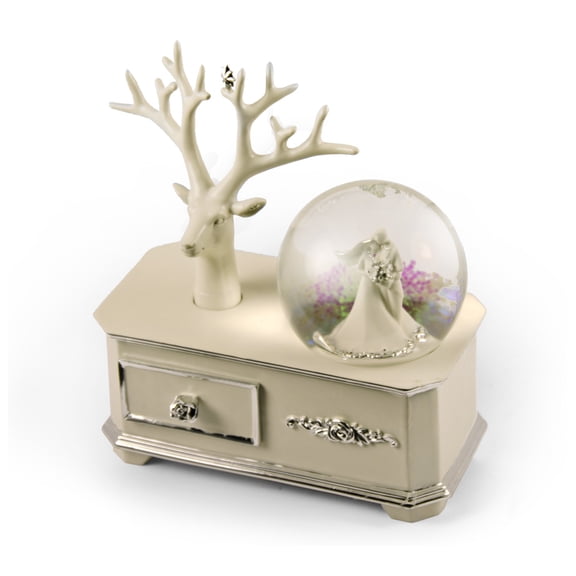 Ivory Wedding Couple Musical Snow Globe Atop Of A Silver Accented Commode - Baby Mine