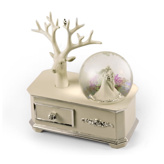 Ivory Wedding Couple Musical Snow Globe Atop Of A Silver Accented Commode - Once Upon A December