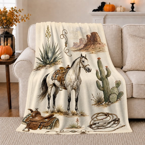 Ivory Western Scene With A, Vintage Western Illustration Style for Horse And Western Decor Fans, Housewarming Gift with Cozy Flannel Blanket, Home Decor for Living Room And Bedroom And Guest Room