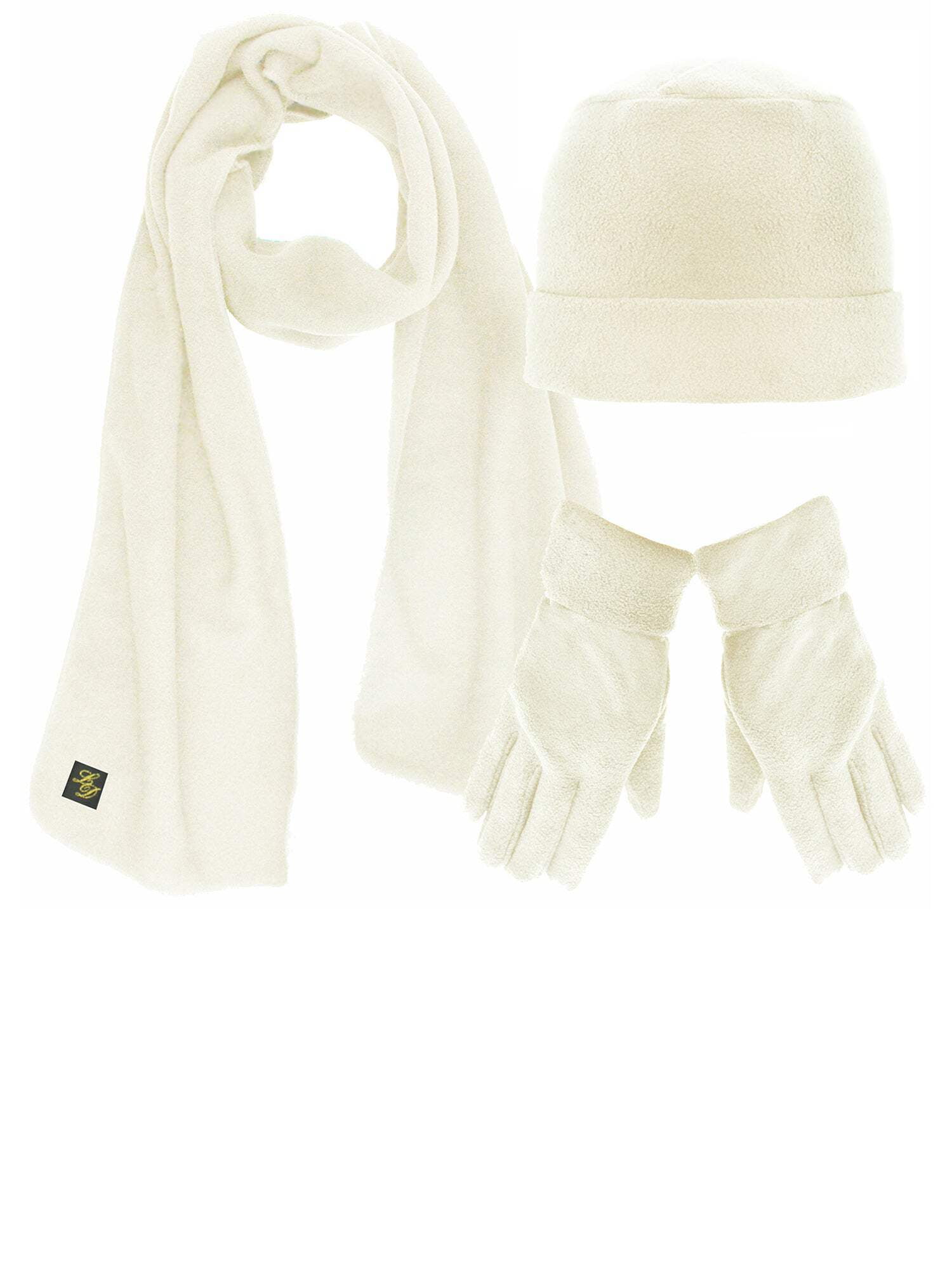 Luxury Divas Ivory White Piece Winter Fleece Beanie, Scarf