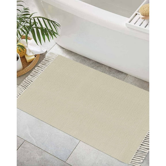 Ivory White Bath Rug 2x3ft Woven Bathroom Entryway Runner Rug, Modern Pure Ivory White Washable Living Room Hallway Bedroom Kitchen Carpet with Tassels, Non-Shedding Indoor Outdoor Throw Doormat