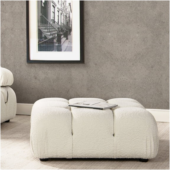 Ivory White Boucle Cocktail Ottoman, 36" Modular Bubble Pouf with Wood Legs