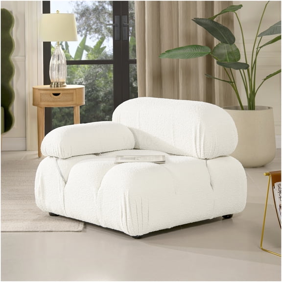Ivory White Boucle Modern Lounge Arm Chair, 36" Modular Bubble Chair with Wood Frame