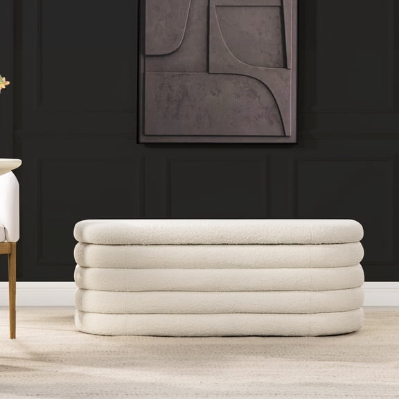 Ivory White Boucle Upholstery | Versatile Storage in Entryway or Bedroom | Plush Tufting and Faux Sheepskin Look