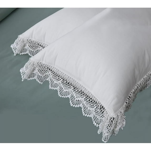 Ivory White Crocheted Eyelet Lace Bed Pillow Shams 100% Cotton Queen Size Pillowcases 30"X20" 2-Pack