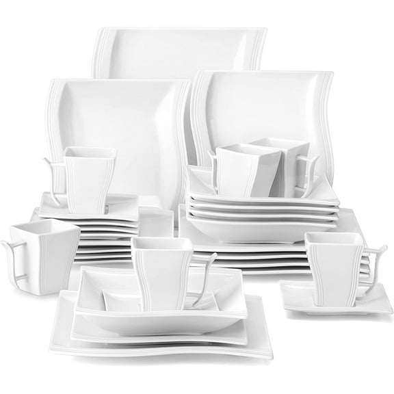 Ivory White Dinnerware Sets, 30-Piece Porcelain Plates and Bowls Sets, Modern Dish Set for 6, Square Plates Dinnerware Set Kitchen Dishware Sets, Microwave and Dishwasher Safe, Series Flora