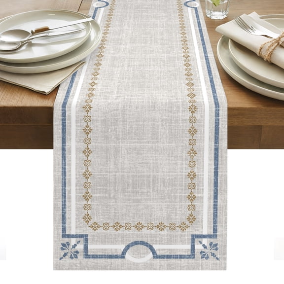 Ivory White Farmhouse Cotton Linen Table Runner Linen Texture Geometric Lines Floral Dining Table Runners for Home Decor Party Dining Room Restaurant Kitchen Party 13" x 36"