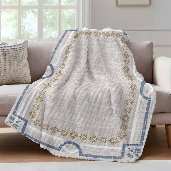 Ivory White Farmhouse Throw Blanket for Couch Linen Texture Geometric Lines Floral Soft and Warm Flannel 3D Striped Fluffy Fuzzy Fleece Blanket Lightweight Throw for Bed, Sofa 30 x 40 Inches