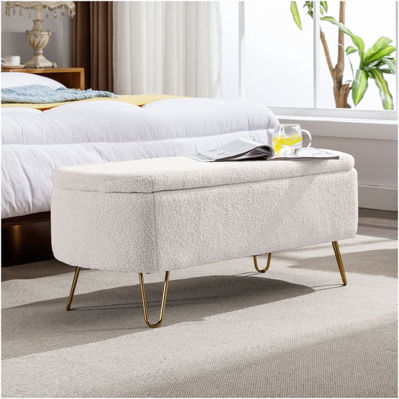 Ivory White Faux Fur Storage Ottoman Bench with Gold Legs, Upholstered Seat and Hidden Storage Compartment for Living Room, Bedroom, Entryway