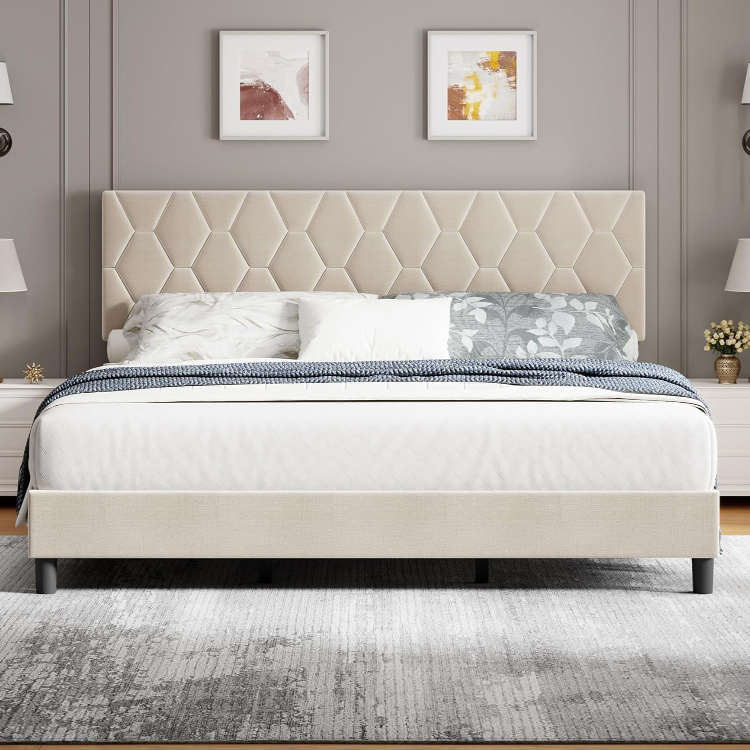 Ivory White King Bed Frame, Upholstered Headboard, Heavy-Duty Wood Slat Platform, No Box Spring, Easy Assembly