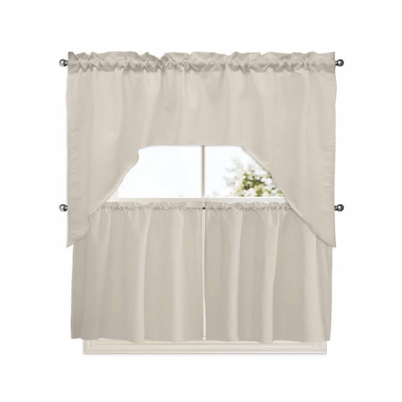 Ivory White Kitchen Curtains Swag Valance and Tier Curtains Set 24 Inch Length, Modern Pure Ivory White Rod Pocket Drape Panels Pair Swag Curtains for Bathroom/Cafe/Window