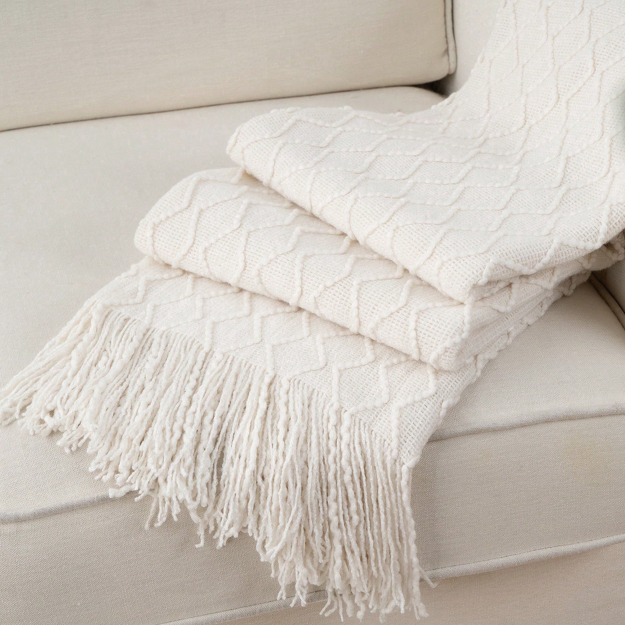 Battilo Ivory White Knitted Throw Blanket, Boho Decorative Throws,Lightweight Knit Blanket for Sofa,50"x60"