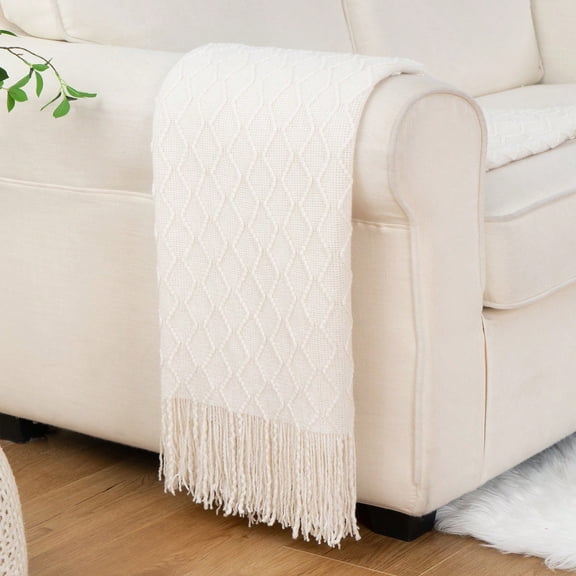 Battilo Ivory White Knitted Throw Blanket, Boho Decorative Throws,Lightweight Knit Blanket for Sofa,50"x60"