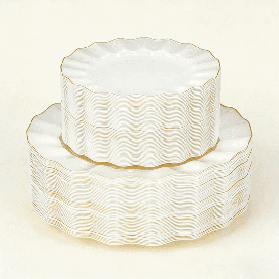 Ivory White Plastic Plates, Heavy Duty Disposable Party Plate with Gold Rim, Fancy Dinner & Dessert Plates for Parties and Wedding