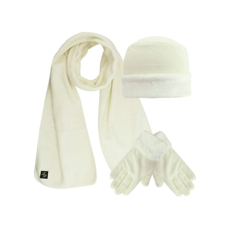 Ivory White Plush Fur Trim Fleece Piece Hat Scarf Glove Set