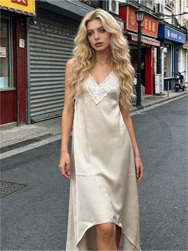 ivory slip dresses White Satin Dress With Lace Trim High-Low Hem Sleeveless Maxi Kurta Sharara