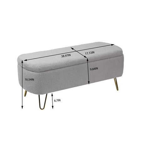 Ivory White Storage Ottoman Bench for End of Bed Gold Legs, Modern Ivory White Faux Fur Entryway Bench Upholstered Padded with Storage for Living Room Bedroom