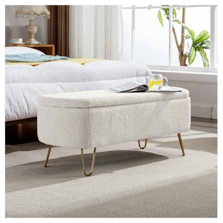 Ivory White Storage Ottoman Bench, Faux Fur Upholstered Bench with Gold Legs, Modern Bedroom Entryway Bench with Storage, Padded Seat for Living Room
