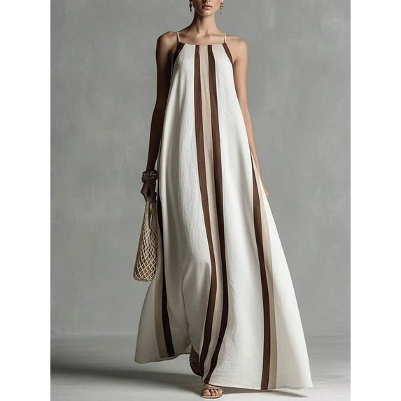 Ivory White Striped Linen-Blend Sleeveless Halter Maxi Slip Dress